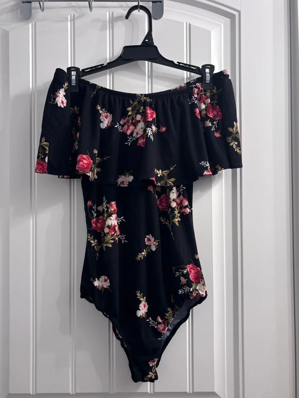 Black Floral Off-Shoulder Bodysuit - Picture 1 of 1